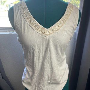 Size Small Anne Taylor white with beige trip v neck tank top shirt